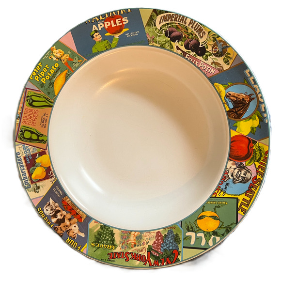 Oneida Sakura Vintage Labels Bowl Large Stoneware Serving Bowl Retro Nostalgic - Picture 1 of 11